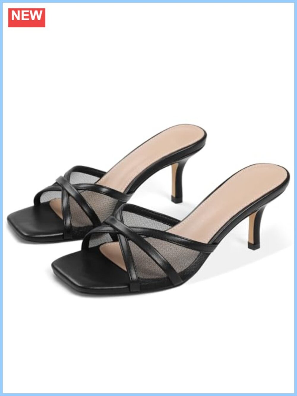 3 Inch Kitten Heel Mesh Mule Sandals Square Open Toe Slip On Dress Heels